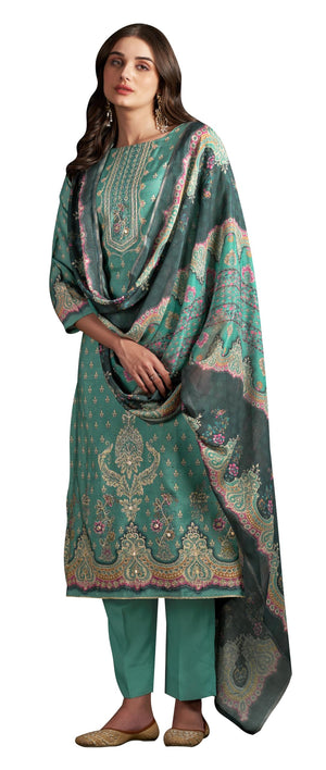 DRAVINAM Trends Women's Unstitched Maslin Salwar Suit Dress Material - Pure Bemberg Maslin Aari Work Kameez II Rayon Unstitch Bottoms II Viscose Maslin Digital Prints Dupatta