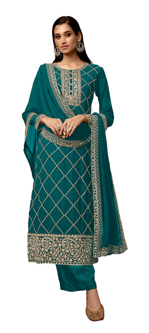 DRAVINAM Trends Women's Heavy Zari Embroidered Real Pure Georgette Salwar Kameez Pakistani Dress Material with Heavy Embroidered Dupatta (Blue)