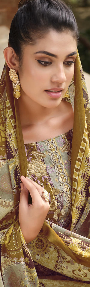 DRAVINAM Trends Unstitched Pakistani Print Embroidered Cotton Salwar Suit Dress Materials with Cotton Printed Dupatta (Beige)