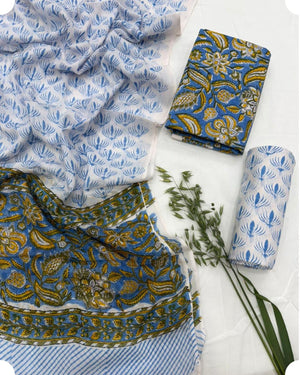 DRAVINAM Trends Hand Block Dabu Print Indigo Cambric Unstitched Cotton Suit Dress Material for Women with Mulmul Cotton Hand Printed Dupatta