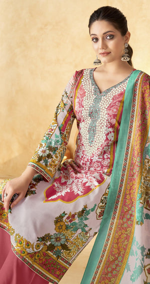 DRAVINAM Trends Women's Pakistani Digital Print Embroidered Unstitcehd Pure Cambric Cotton Salwar Suit Dress Materials with Cotton Printed Dupatta