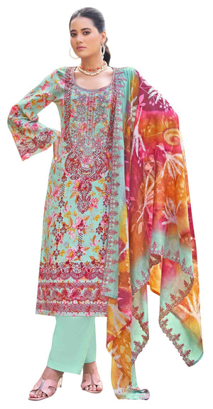 DRAVINAM Trends Unstitched Cotton Suit Dress Material Set: Pakistani Print Top Fabric with Embroidery | Customizable Solid Bottoms | Cotton Fancy Dupatta