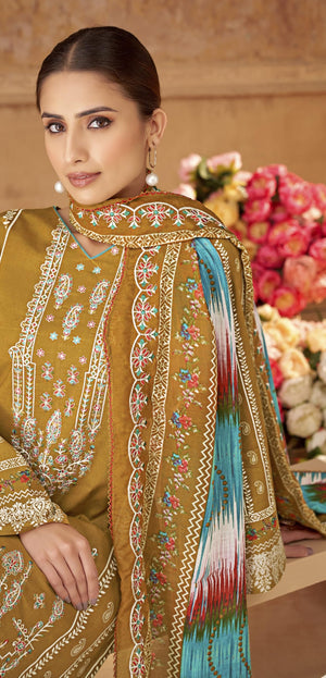 DRAVINAM Trends Unstitched Cotton Suit Dress Material Set: Pakistani Print Top Fabric with Embroidery | Customizable Solid Bottoms | Cotton Fancy Dupatta