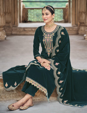 DRAVINAM Trends Women's Heavy Embroidered Pure Velvet Unstitched Salwar Suit Dress Materail with Unstitch Bottoms and Embroidered Shawl Dupatta