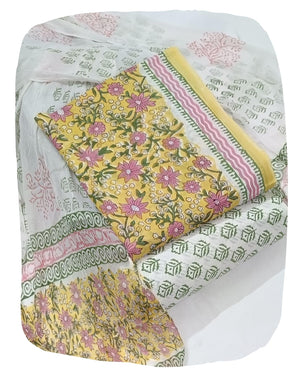 DRAVINAM Trends Hand Block Print Pure Cambric Cotton Unstitched Suit Material with Chiffon Hand Printed Dupatta