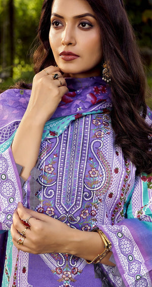 DRAVINAM Trends Women's Unstitched Cotton Suit Dress Material -Embroidered Digital Print Top II Plain Bottoms II Digital Print Dupatta