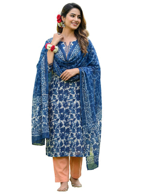 DRAVINAM Trends Hand Block Print Cambric Cotton Unstitched Salwar Suit Set for Women with Pure Chiffon Hand Printed Dupatta