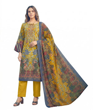 DRAVINAM Trends Women's Unstitched Premium Cotton Suit Material - Soft Digital Printed Embroidered Kameez II Matching Bottoms II Malmal Printed Dupatta