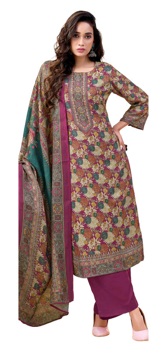 DRAVINAM Trends Women's Unstitched Winter Wear Swaroski Work Kashmiri Floral Digital Printed Heavy Woolen Pashmina Salwar Suit Dress Material with Printed Shawl Dupatta