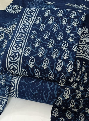 DRAVINAM Trends Hand Block Dabu Print Indigo Cambric Unstitched Cotton Suit Dress Material for Women with Mulmul Cotton Hand Printed Dupatta