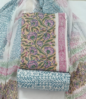 DRAVINAM Trends Hand Block Print Pure Cambric Cotton Unstitched Suit Material with Chiffon Hand Printed Dupatta