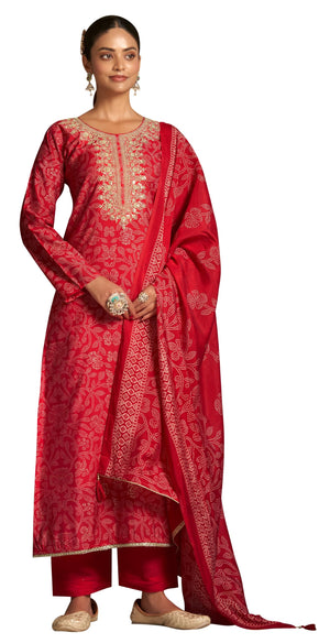 DRAVINAM Trends Women's Unstitched Silk Suit - Modal Silk Discharge Foil Print with Coding Embroidery Top || Solid Bottoms II Modal Silk Discharge Foil Print And Tussle Dupatta