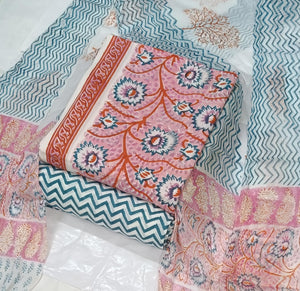 DRAVINAM Trends Hand Block Print Cambric Cotton Unstitched Salwar Suit Set for Women with Pure Chiffon Hand Printed Dupatta