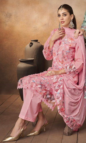 DRAVINAM Trends Women's Unstitched Cotton Embroidered Suit Material -Jam Cotton Embroidered Shirt II Cotton Bottoms II Chiffon Ptinted Dupatta