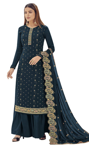 DRAVINAM Trends Women's Heavy Embroidered Pure Georgette Sharara Salwar Suit Dress Material with Heavy Embroidered Pure Georgette Dupatta (Free size_Maroonish red)