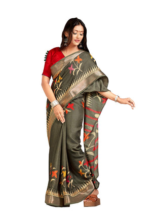 DRAVINAM Trends Women's Khadi Linen Saree With Un-stitched Blouse (SareePe_9_Grey & Red)