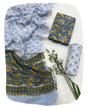 DRAVINAM Trends Hand Block Dabu Print Indigo Cambric Unstitched Cotton Suit Dress Material for Women with Mulmul Cotton Hand Printed Dupatta
