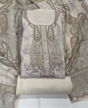 DRAVINAM Trends Women's Elegant Taupe & Off-White Embroidered Pure Muslin Dress Material with Printed Dupatta