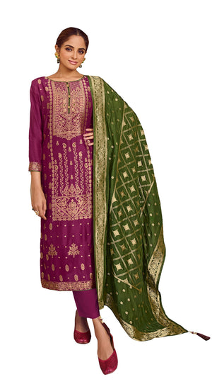 DRAVINAM Trends Unstitched Meenakari Zari Dola Banarasi Silk Salwar suit Dress Material with Dola Jacquard Double Jari Heavy Beautiful Dupatta (Peach and Dark Purple)