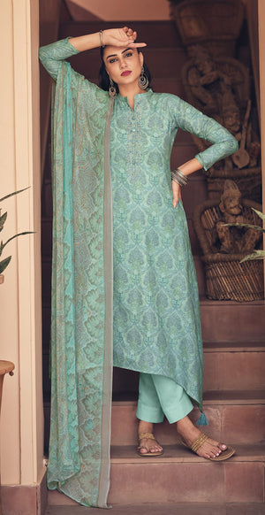 DRAVINAM Trends Women's Digital Printed Cambric Cotton Embroidered Unstitched Salwar Suit Dress Material with Japan Chiffon/Half Pure Digital Printed Chunni/Dupatta (Sea Green)