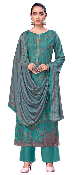 DRAVINAM Trends Women's Winter Wear Unstitched Discharge Print Hand Work Neck Embroidered Woollen Viscose Pashmina Salwar Suit Dress Material with Pashmina Printed Shawl Dupatta