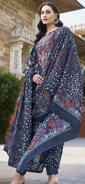 DRAVINAM Trends Women's Stitched Pakistani Print Embroidered Pure Cotton Pant Suit Set with Cotton Printed Dupatta (XL)