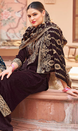 DRAVINAM Trends Women's Unstitched Premium Velvet Embroidered Salwar suit Dress Material with Velvet Heavy Embroidered Dupatta
