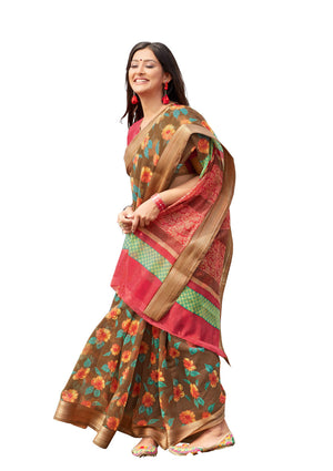 DRAVINAM Trends Women's Woven Kota Linen Printed Saree with Blouse Piece (Light Brown_SareeSRZ_11)