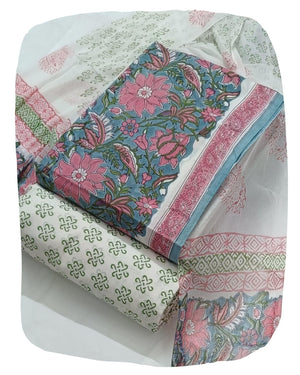 DRAVINAM Trends Hand Block Print Pure Cambric Cotton Unstitched Suit Material with Chiffon Hand Printed Dupatta