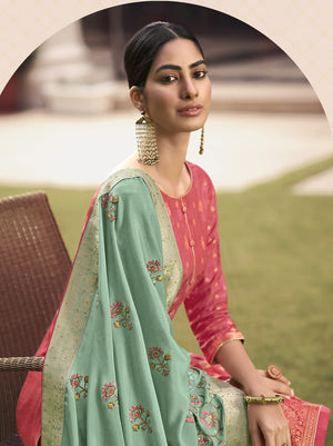 DRAVINAM Trends Women's Pure Banarasi Silk Jacquard Sequence embroidered Unstitched Salwar Suit Dress material with Chinon Silk Sequence and Embroidered Heavy Dupatta (Free size_Blue)