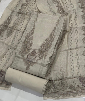 DRAVINAM Trends Women's Elegant Taupe & Off-White Embroidered Pure Muslin Dress Material with Printed Dupatta