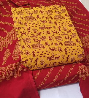 DRAVINAM Trends Women's Premium Cotton Unstitched Salwar Suit Dress Material Set | Traditional Rajasthani Gujari Block Print (Red & Mustard Yellow)