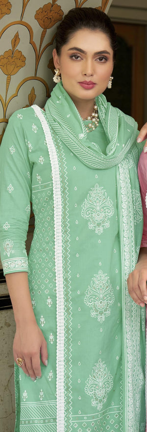 DRAVINAM Trends Unstitched Women Suit Material – Handwork and Lacework Cambric Cotton Printed Top, Cotton Bottoms and Cotton Mal Mal Printed Dupatta