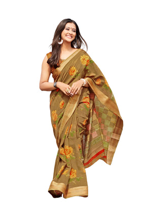 DRAVINAM Trends Women's Woven Kota Linen Printed Saree with Blouse Piece (Light Brown_SareeSRZ_11)