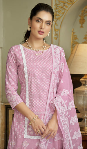 DRAVINAM Trends Unstitched Women Suit Material – Handwork and Lacework Cambric Cotton Printed Top, Cotton Bottoms and Cotton Mal Mal Printed Dupatta