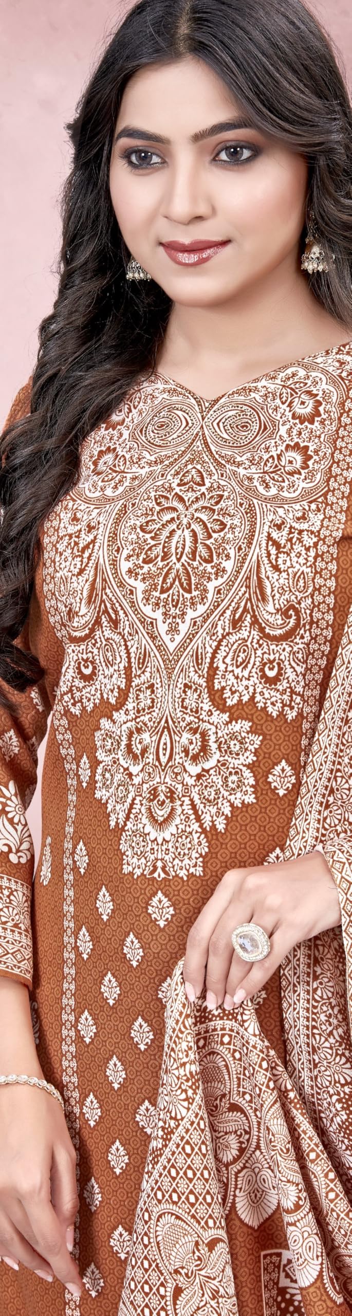 DRAVINAM Trends Heavy Pashmina Spun Digital Style Kani Kashmiri Printed Unstitched Salwar Suit for Women with Siroski Work and Printed Pashmina Shawl Dupatta