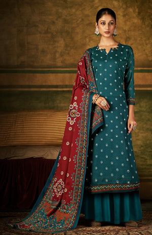 DRAVINAM Trends Women's Unstitched Kaani Print Mirror Work Spun Pashmina Winter wear Dress Material Fabric for Salwar Suit with printed spun pashmina Kashmiri shawl dupatta (Blue)