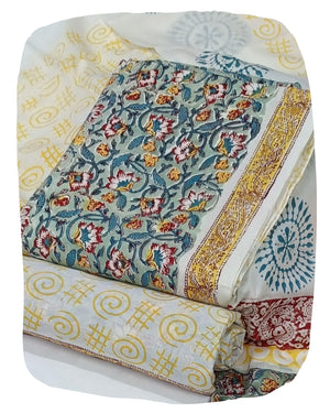 DRAVINAM Trends Hand Block Print Sanganeri Cambric Unstitched Cotton Suit Dress Material for Women with Mulmul Cotton Hand Printed Dupatta