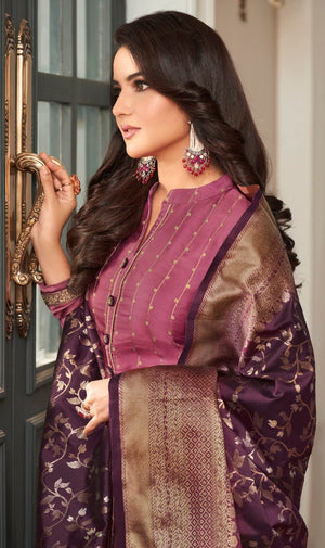 DRAVINAM Trends Women's Heavy Modal Satin Silk Sharara Style Pakistani Embroidered Salwar Suit Dress Material with Double Zari Jacquard Silk Banarasi Dupatta (Rust)