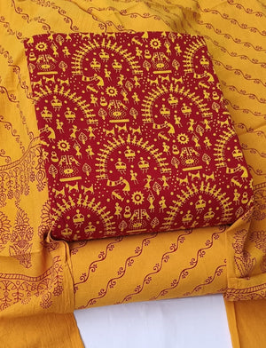 DRAVINAM Trends Women's Premium Cotton Unstitched Salwar Suit Dress Material Set | Traditional Rajasthani Gujari Block Print (Red & Mustard Yellow)