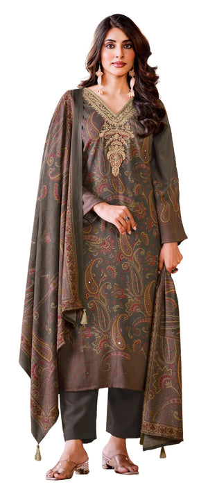 DRAVINAM Trends Women's Winter Wear Unstitched Digital Kashmiri Paisley Printed Heavy Neck Embroidered Pashmina Salwar Suit Dress Material with Khatli Work Foil touchup and Pashmina Shawl