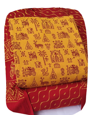 DRAVINAM Trends Women's Premium Cotton Unstitched Salwar Suit Dress Material Set | Traditional Rajasthani Gujari Block Print (Red & Mustard Yellow)
