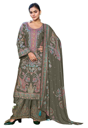 DRAVINAM Trends Women's Winter Wear Unstitched Digital Kashmiri Printed Viscose Pashmina Woollen Salwar Suit Dress Material with Khatli Work and Foil touchup and Pashmina Printed Shawl Dupatta