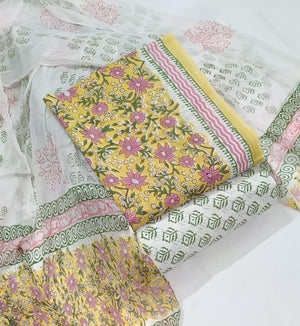 DRAVINAM Trends Hand Block Print Pure Cambric Cotton Unstitched Suit Material with Chiffon Hand Printed Dupatta