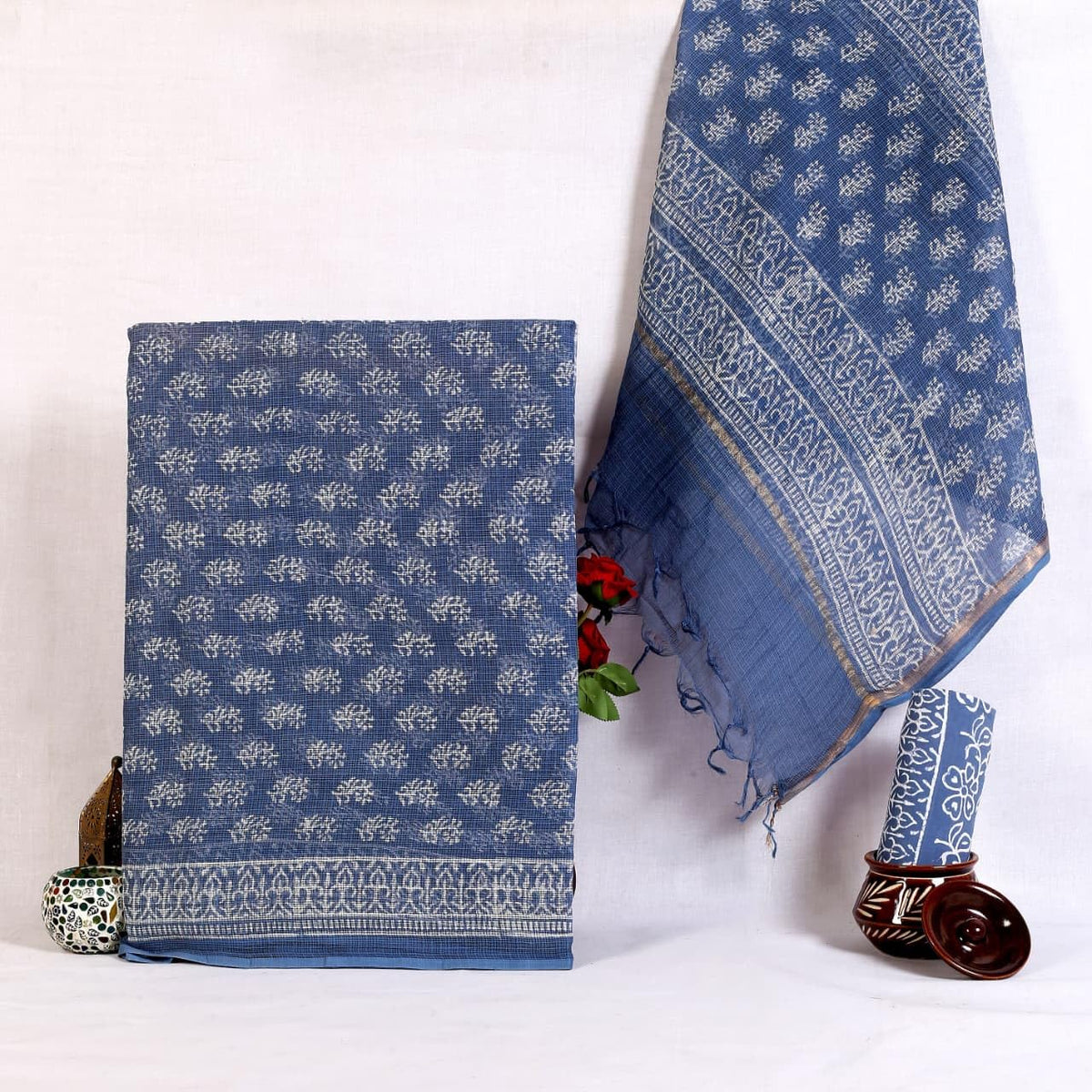 DRAVINAM Trends Jaipuri Hand Block Print Pure Kota Doriya Unstitched Suit Dress Material with Kota Doriya Hand Printed Dupatta