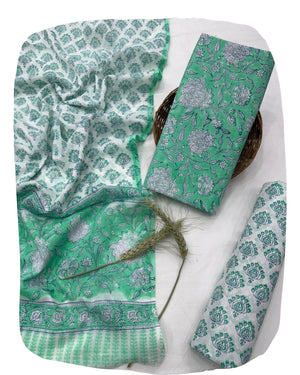 DRAVINAM Trends Hand Block Print Jaipuri Cambric Unstitched Cotton Suit Dress Material for Women with Mulmul Cotton Hand Printed Dupatta