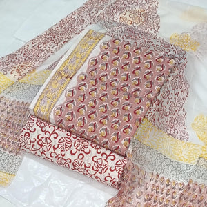 DRAVINAM Trends Hand Block Print Cambric Cotton Unstitched Salwar Suit Set for Women with Pure Chiffon Hand Printed Dupatta