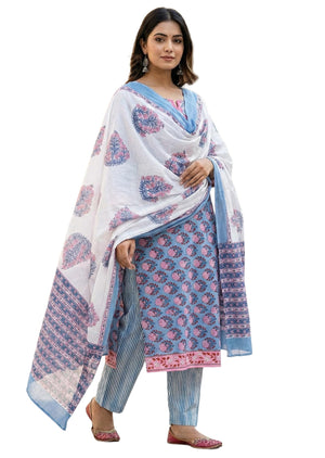DRAVINAM Trends Hand Block Print Sanganeri Cambric Unstitched Cotton Suit Dress Material for Women with Mulmul Cotton Hand Printed Dupatta