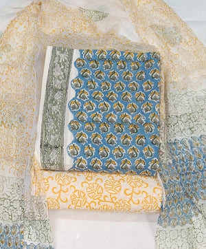 DRAVINAM Trends Hand Block Print Cambric Cotton Unstitched Salwar Suit Set for Women with Pure Chiffon Hand Printed Dupatta