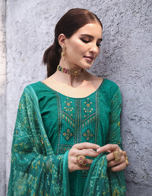 DRAVINAM Trends Unstitched Printed Embroidered Rayon Salwar Suits Set with Chiffon Dupatta (Green)